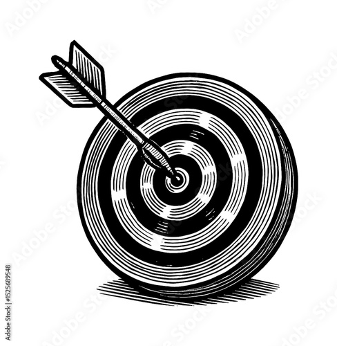 Arrow Hitting Center of Target in Detailed Black and White Woodcut Style