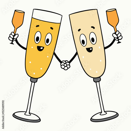 Cheerful cartoon champagne glasses holding hands celebrating a special occasion in style