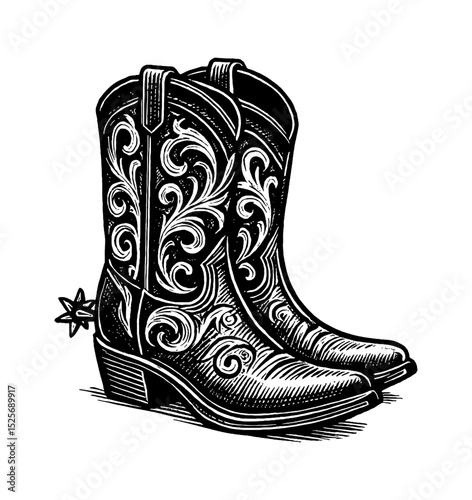 Two Ornate Cowboy Boots Black and White Engraving Style Detailed Drawing