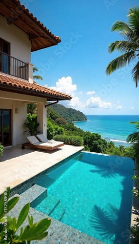 Luxury villa with private pool, stunning ocean views, spacious patio, and lush tropical gardens Perfect for a relaxing getaway , escape, home