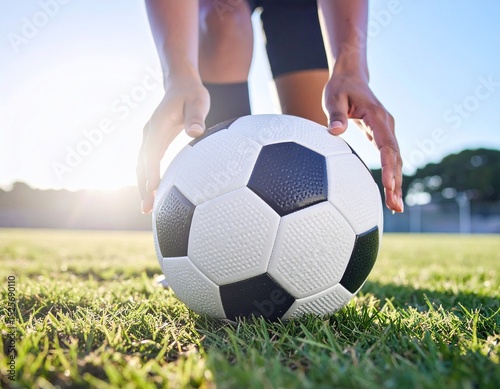 Soccer Ball on Grass with Female Hands – Women in Sports Concept