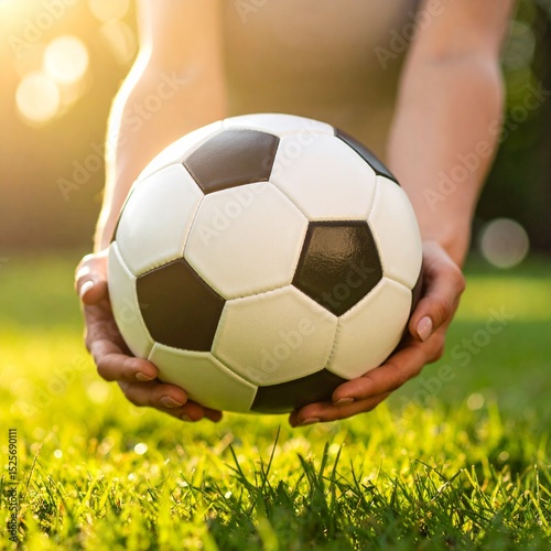 Soccer Ball on Grass with Female Hands – Women in Sports Concept