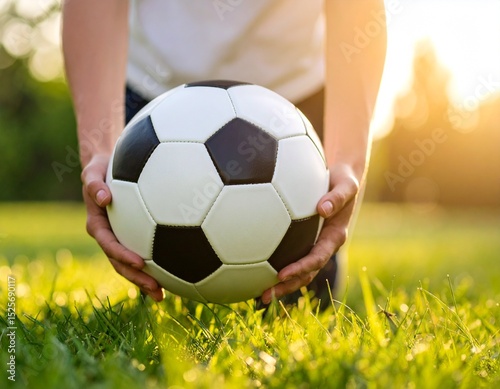 Soccer Ball on Grass with Female Hands – Women in Sports Concept