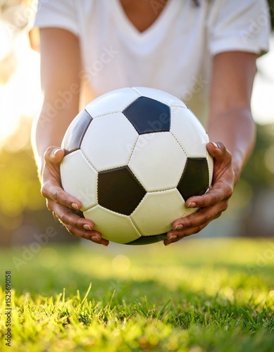 Soccer Ball on Grass with Female Hands – Women in Sports Concept