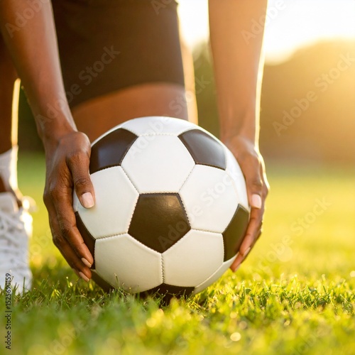 Soccer Ball on Grass with Female Hands – Women in Sports Concept