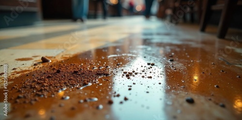 Close-up of spilled coffee and crumbs on a restaurant floor, highlighting the unseen dirt and grime of daily service , dirt, texture, unseen dirt