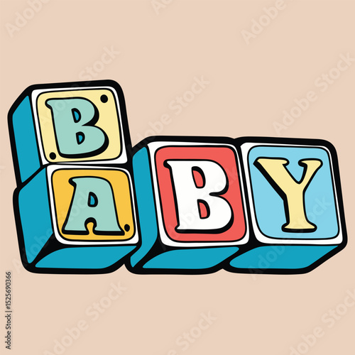 Colorful baby blocks spelling the word baby on a cream background illustrating childhood