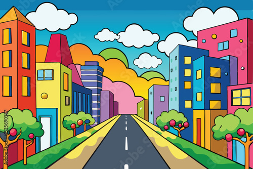 Colorful cartoon city street scene with buildings trees clouds and clear blue sky