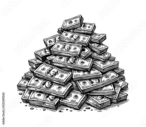 Pile of Dollar Bills in Black and White Engraving Style with Detailed Lines and Shading