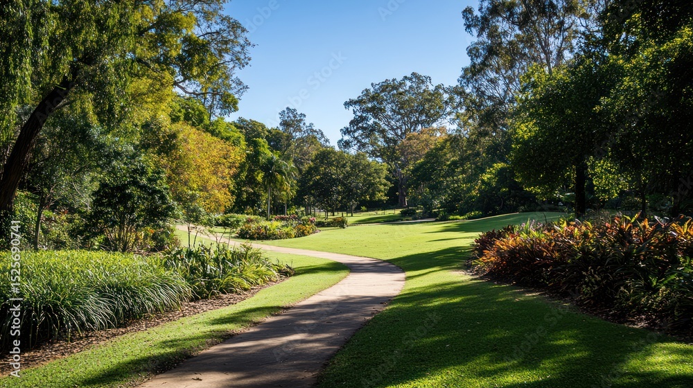 Obraz premium Tranquil Pathway Through Lush Botanical Garden with Vibrant Greenery