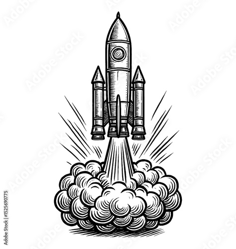 Rocket Launching with Smoke and Flames in Detailed Black and White Outline Line Art Drawing