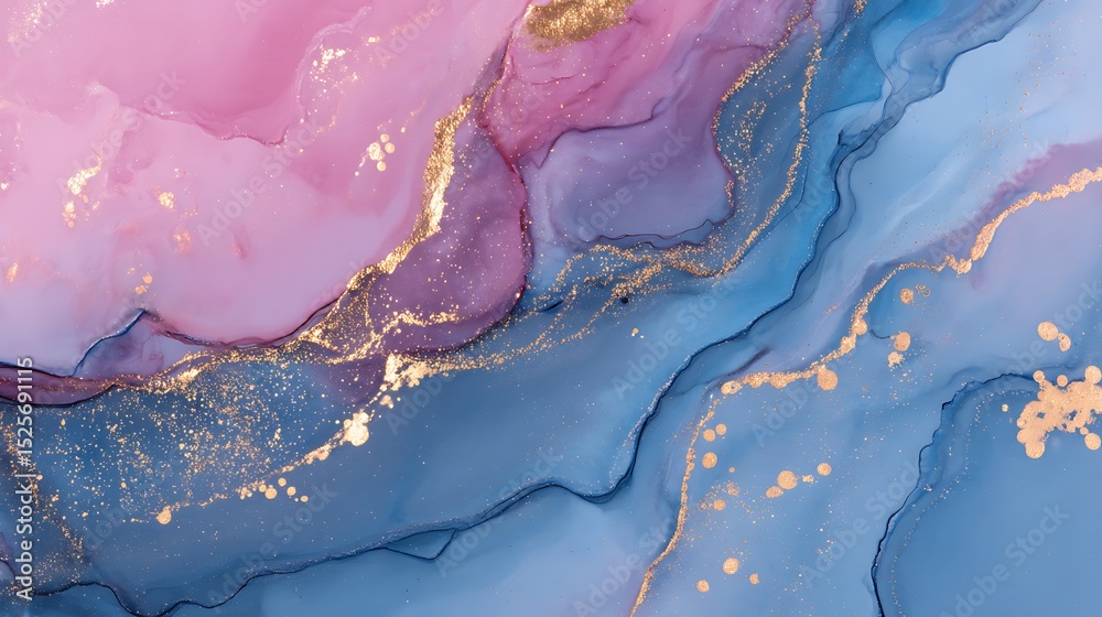 Fototapeta premium Abstract pink and blue marble liquid texture with gold splashes, luxury background