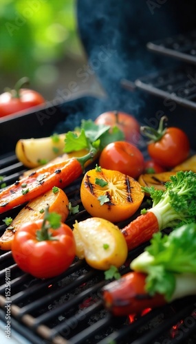 Grilling fresh spring vegetables and herbs on a hot grill, creating a vibrant and healthy meal Perfect for a spring barbecue or outdoor feast , garlic, heat, lettuce