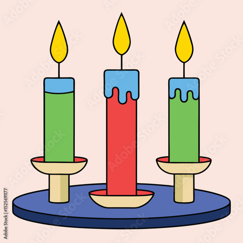 Colorful vector illustration of lit candles in a decorative candleholder on a blue surface