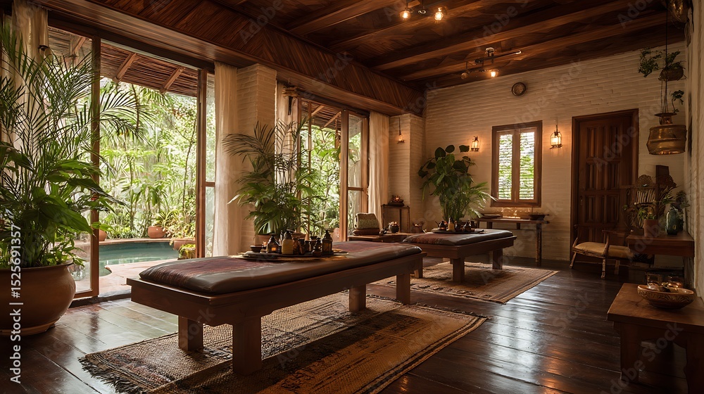 Fototapeta premium Ayurvedic spa and relax with natural aromatherapy treatment in a room for luxury or wellness surrounded by nature, health and ayurveda massage, skincare, spa or relaxation concept