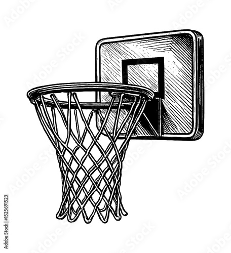 Basketball Hoop Engraved Detailed Illustration Isolated on White Background Drawing