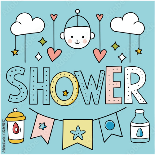 Cute and colorful baby shower invitation with adorable illustrations and fun decorative elements