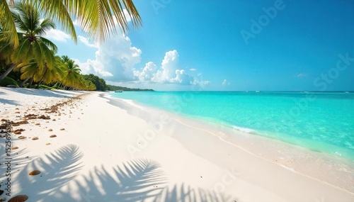 Sun-drenched white sand beach in Florida, turquoise water gently lapping the shore, seashells scattered along the shoreline, a perfect tropical paradise , serene, ocean, travel