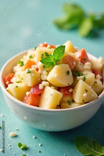 A vibrant bowl of potato salad, featuring creamy dressing, crisp vegetables, and perfectly cooked potatoes Perfect for picnics, barbecues, or a light lunch , vibrant, healthy