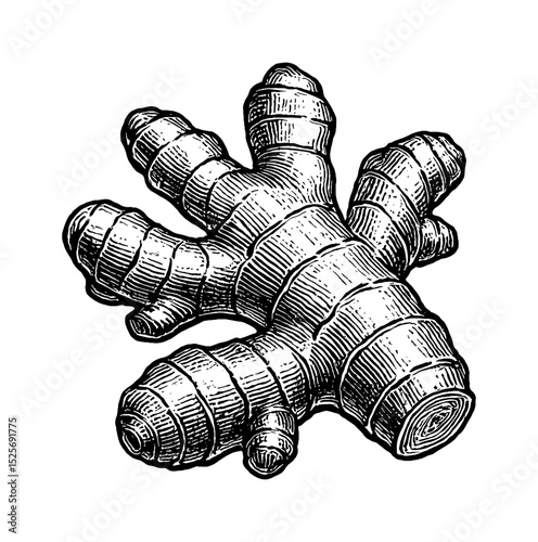 Engraved Illustration of Ginger Root with Detailed Texture and Black and White Color