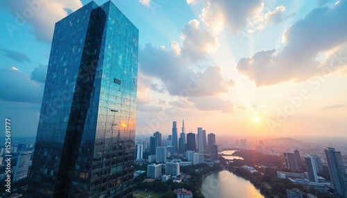 Modern glass skyscraper office building, iconic city landmark, reflecting sunlight, stunning architecture, urban skyline backdrop , geometric, reflection, office building