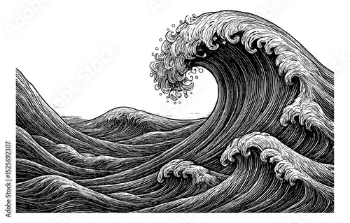 Detailed engraving illustration of ocean waves with swirling water and white background