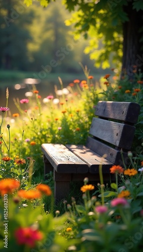 A rustic wooden bench sits nestled amongst lush, vibrant wildflowers, bathed in the warm glow of natural sunlight Perfect for nature, garden, and outdoor themes , wildlife, wood