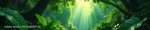 Lush green rainforest canopy teeming with vibrant flora and fauna, sunlight dappling through leaves onto the jungle floor A hidden paradise untouched by civilization , wildlife, vine, shade