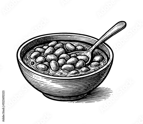 Bowl of Beans with Spoon in Detailed Black and White Vintage Engraving Style