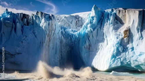 Majestic glacial ice calving into the ocean with snowy peaks and blue sky, creating a dramatic landscape with a powerful splash