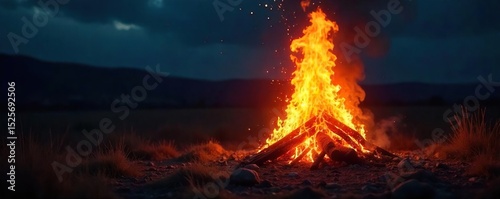 Intense bonfire flames burning brightly against a dark night sky, embers glowing, creating a dramatic backdrop Perfect for Halloween, autumn, or fantasy themes , power, orange, night