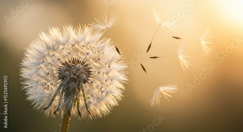 Golden Hour Dandelion Seeds Floating Away in Gentle Breeze: A Breathtaking Nature Photography © popuo design