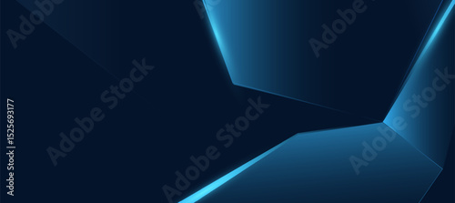 Blue geometric polygon with glowing diagonal lines on dark blue background