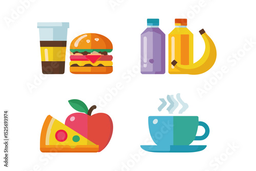 Flat vector icon style illustration of common food items on a transparent backdrop.