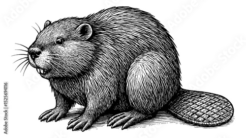 Engraved Illustration of a Seated Beaver with Detailed Fur Texture and a Flat Tail