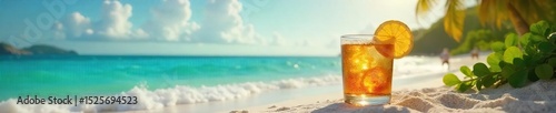 A refreshing glass of golden rum sits on a sun-drenched beach, tropical foliage nearby, embodying the carefree spirit of summer , caribbean, cocktail glass