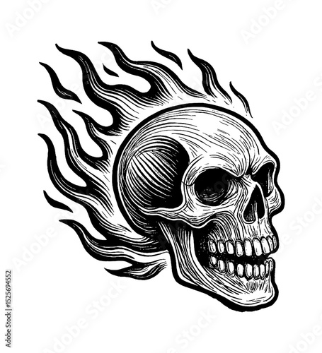Illustration of a Skull with Flames in Black and White Engraving Style