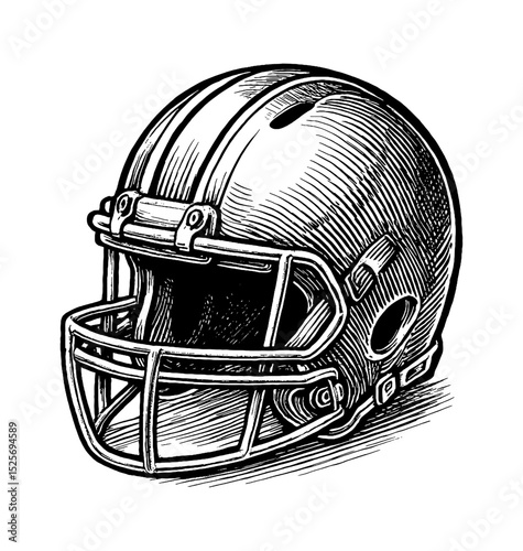 Detailed Engraving of Football Helmet on White Background in Black and White