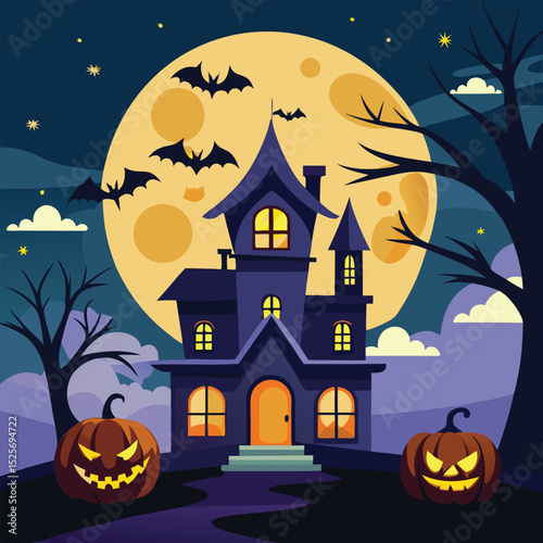 Spooky halloween scene featuring a haunted house pumpkins bats and a full moon