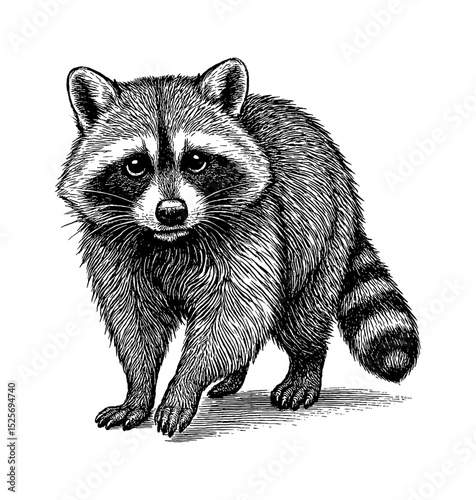 Detailed Engraving of a Raccoon Standing on a White Background