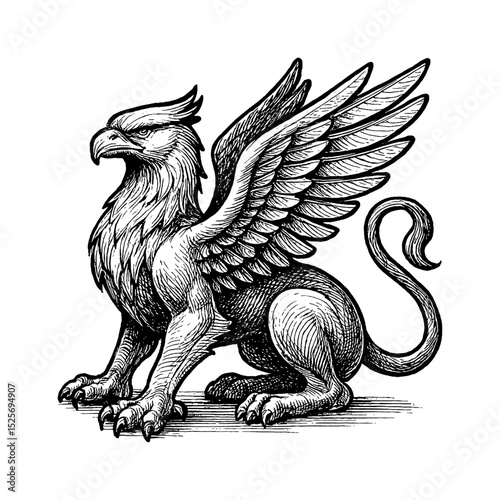 Detailed Engraving of Mythical Griffin with Majestic Wings and Sharp Talons