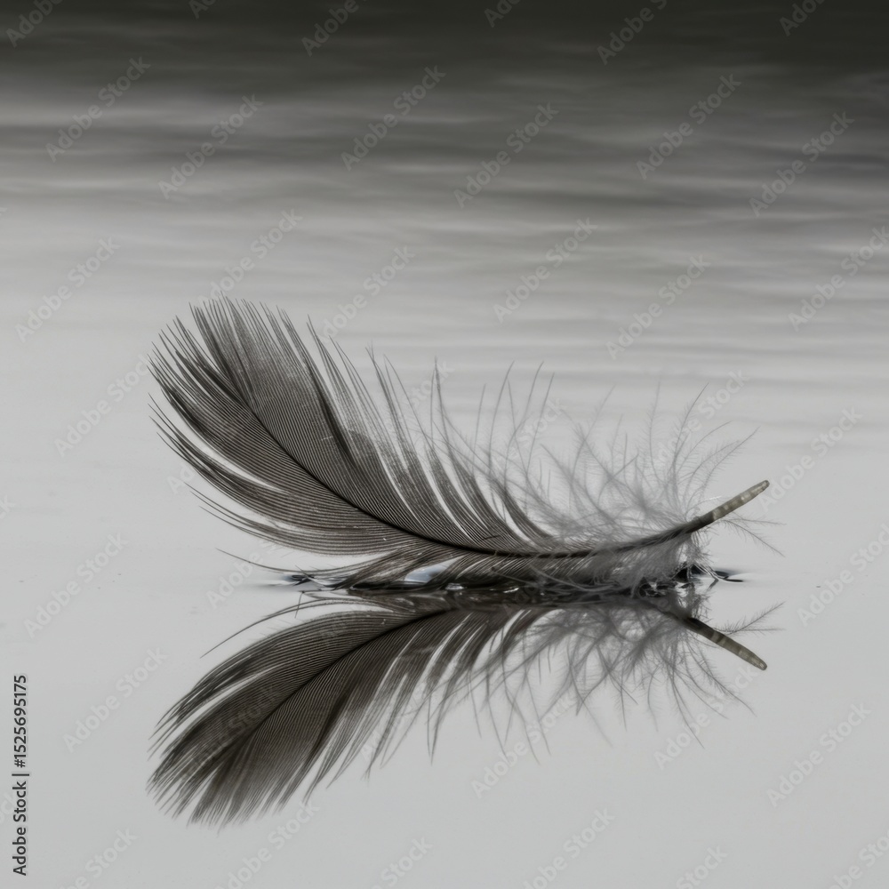 Obraz premium Serene Reflection: A Single Feather Floating on Calm Water, Black and White Photography