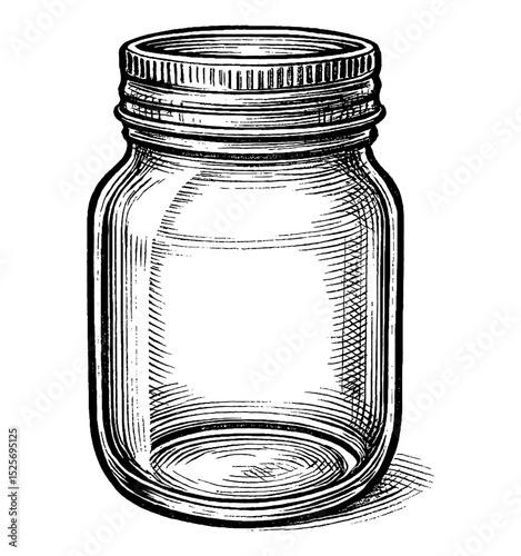 Detailed Engraved Illustration of a Mason Jar on a White Background
