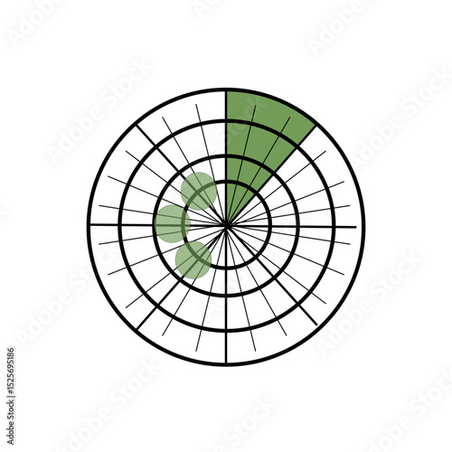 Radar circle icon. Green scan symbol. Vector detection emblem. Black circular frame.