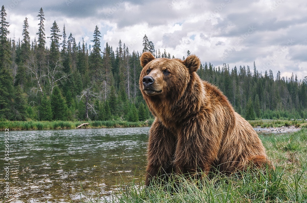 Majestic brown bear by tranquil riverbank Majestic brown bear by tranquil riverbank