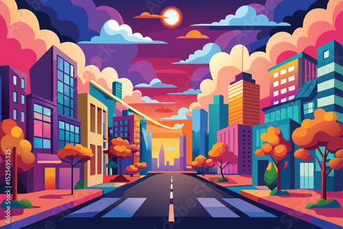 Vibrant illustration of a city street scene under a colorful sunset sky with buildings and trees