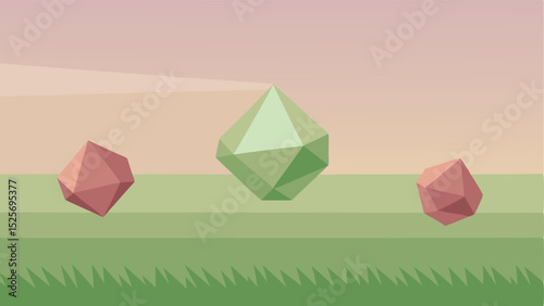 Geometric gemstones floating on a pastel landscape with transparent properties