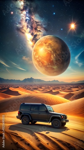 Vertical format showing futuristic SUV driving through cosmic desert planets in sky suitable for tech-forward car campaigns and phone wallpaper laralara for creating ads news for text