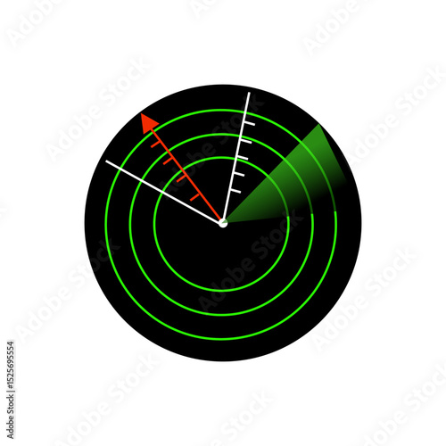 Radar signal icon. Green sweep symbol. Vector scan emblem. Black circular frame.