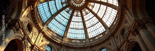 Ornate Victorian glass dome, intricate detailing, sunlight streaming through, architectural marvel, historical building, beautiful structure , metalwork, artistry